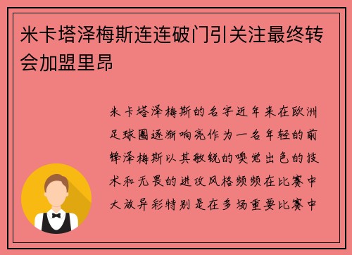 米卡塔泽梅斯连连破门引关注最终转会加盟里昂